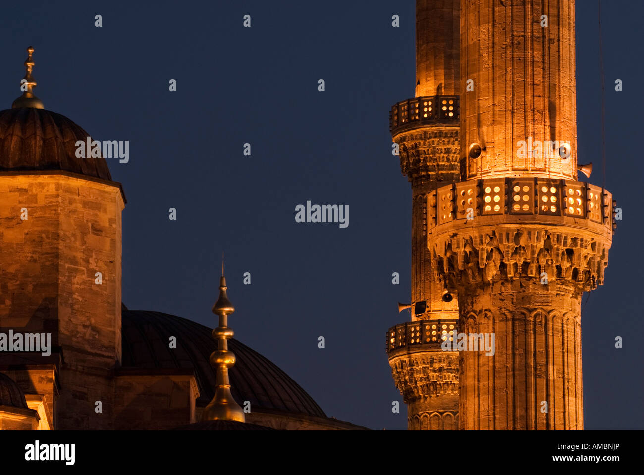 Nacht-Detailansicht auf die blaue Moschee (Sultan Ahmet Cami), Istanbul, Türkei Stockfoto