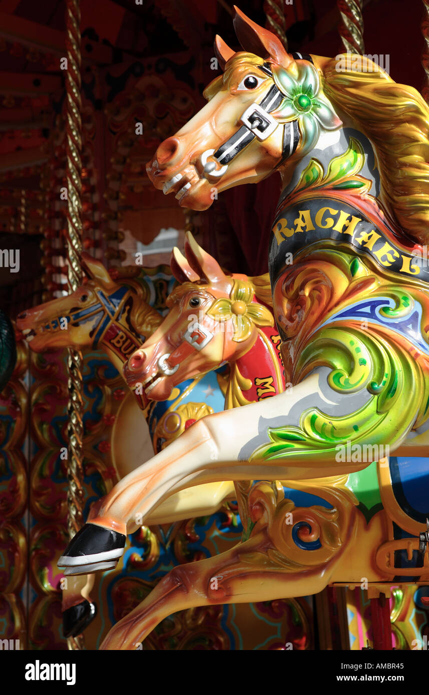 Drei grellen Karussell Pferde Abingdon Messe Stockfoto