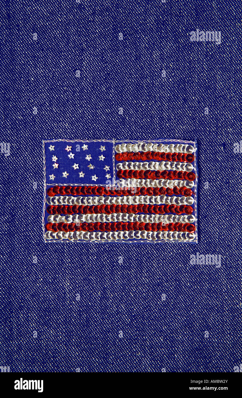 Amerikanische Sternenbanner Kleidung Pailletten Kleider Flicken auf Denim Jeans Hintergrund Stockfoto