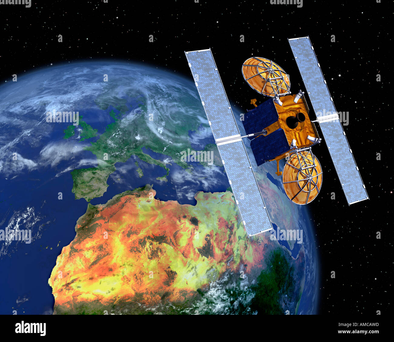 Comunication Satelliten über der Erde Stockfoto