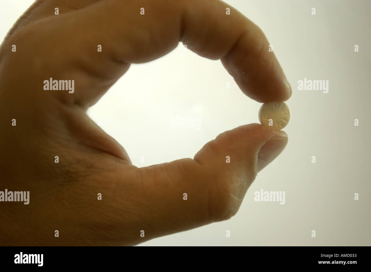 Pillen Medikamente Medizin Palm Hand Fläschchen Flasche weißen Tabletten Pille Daumen Zeigefinger Finger horizontal Stockfoto