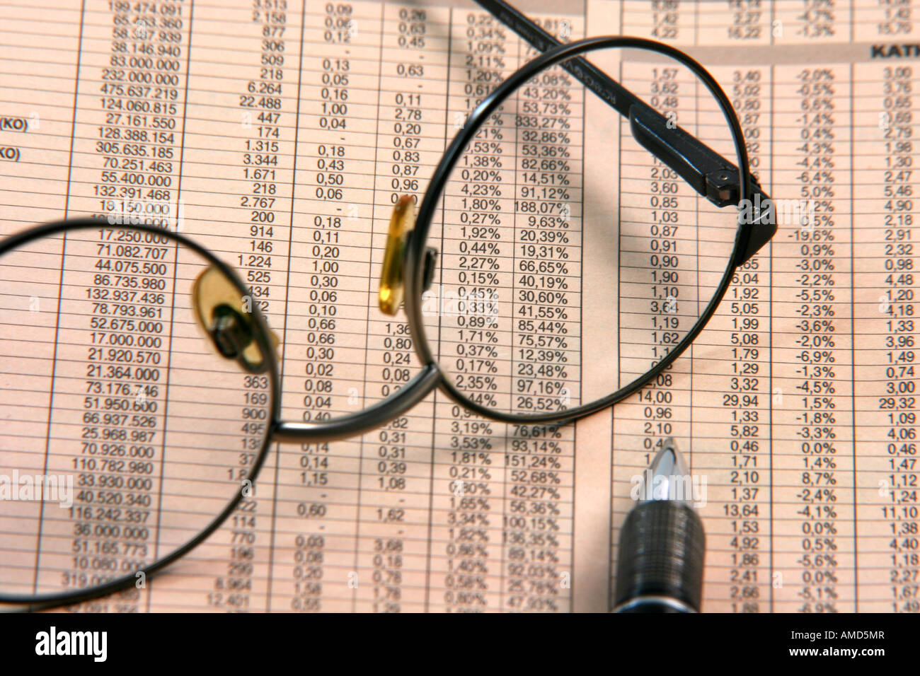 Wirtschaft und Finanzen Konzepte Brille hautnah Finanzzeitung mit Aktienkursen und Kugelschreiber Stockfoto