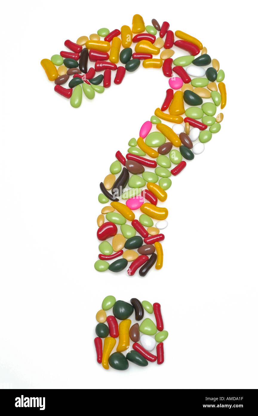 Pillen Frage Symbol Symbol für die fragwürdige Zukunft der Medizin-Forschung Stockfoto
