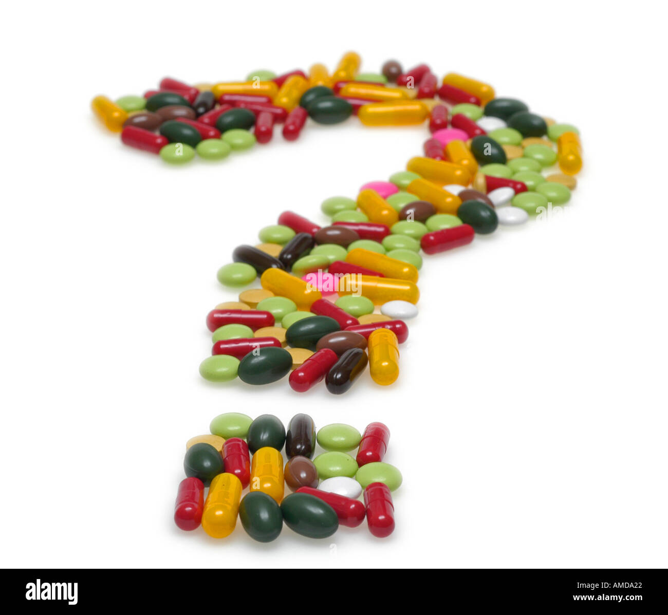 Pillen, Frage, Symbol, Symbol für die fragliche Zukunft der Medizin / Forschung Stockfoto