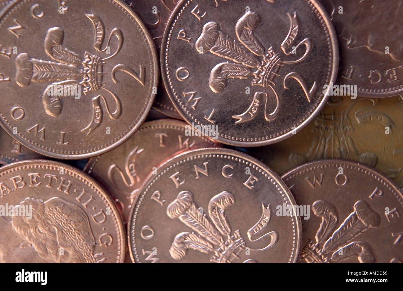 zwei Pence Münzen Nahaufnahme England UK Stockfoto