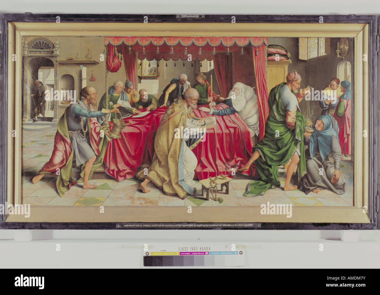 Bildende Kunst, CLEVE, Joos van (1485 - 1540), der Malerei, der 'Tod der Jungfrau", 1515, Öl auf Eichenholz, 63 cm x 124 cm, Wallraf-Richartz-Museum, Köln, Deutsche, Artist's Urheberrecht nicht gelöscht werden Stockfoto