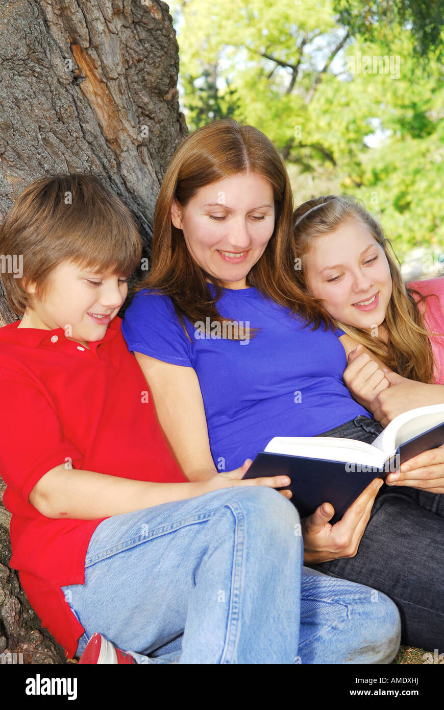 Familie Mutter und Kinder lesen ein Buch unter einem Baum im Sommerpark Stockfoto