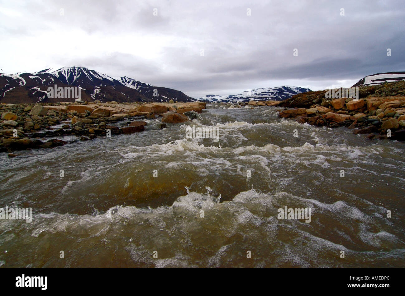 Gletscherfluss, Norwegen, Svalbard, Isfjord, Adventdalen Stockfoto