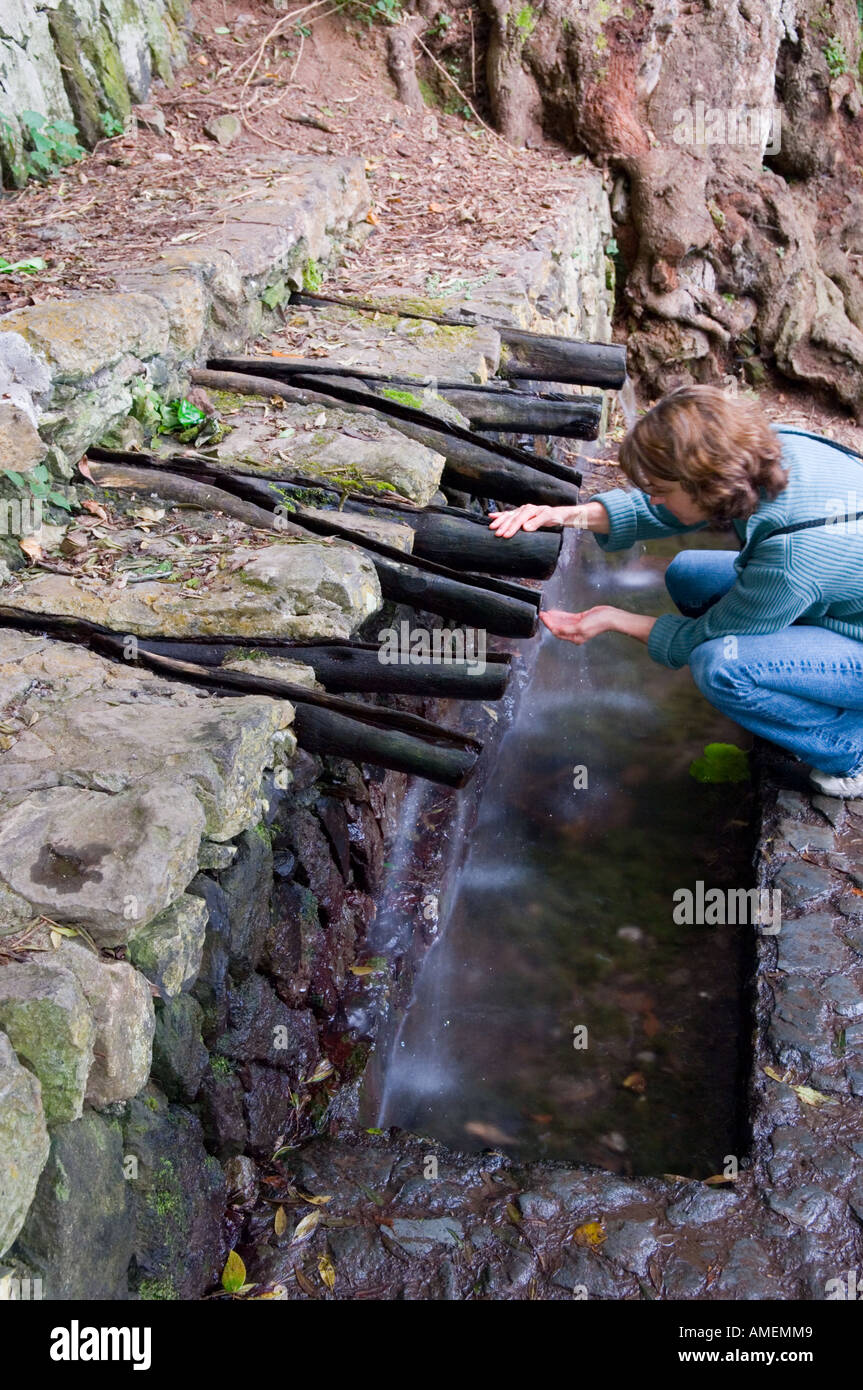 La Gomera, Kanarische Inseln. Frau trinkt aus Süßwasser-Quelle Chorros de Epina, am Berghang in der Nähe von Epina genannt Stockfoto