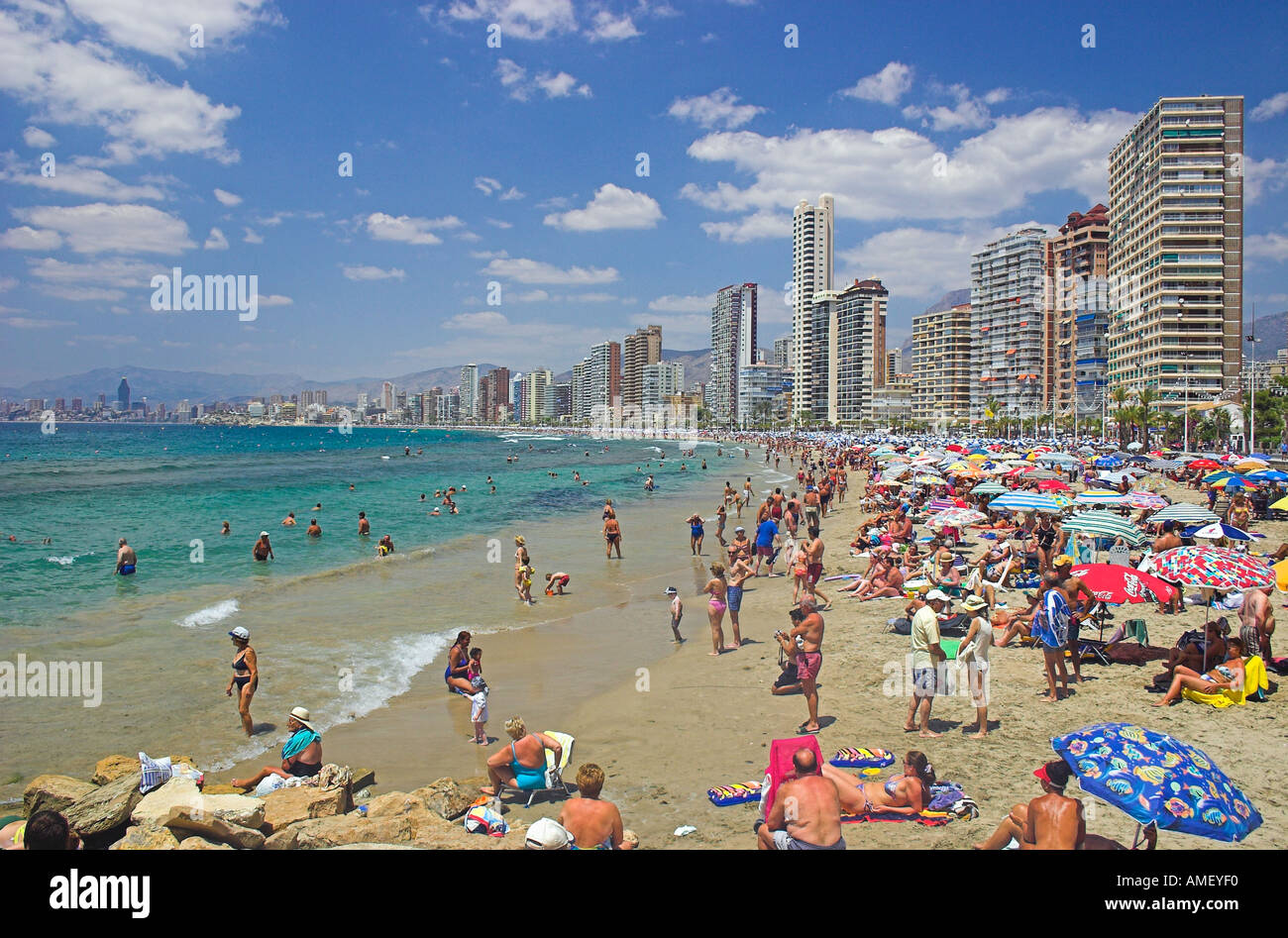 Benidorm Strand Costa Blanca Mittelmeer Meer Spanien Espana iberischen Halbinsel Iberia EU Europäische Union Europa Stockfoto