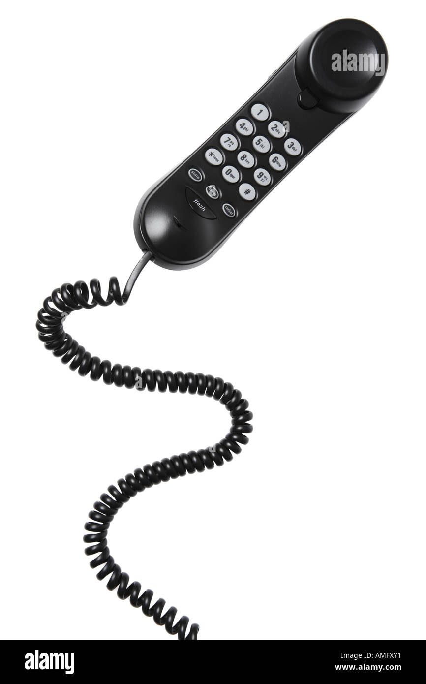 Schwarz Telefon und Kabel Stockfoto
