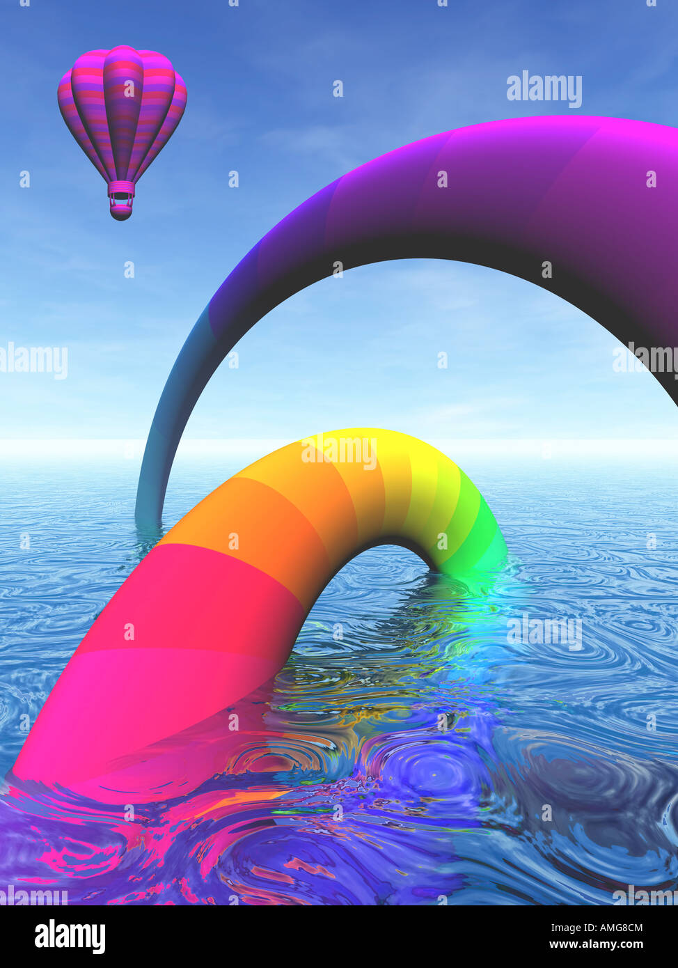 Darstellung der Heißluftballon über Meer von psychedelischen Struktur Stockfoto