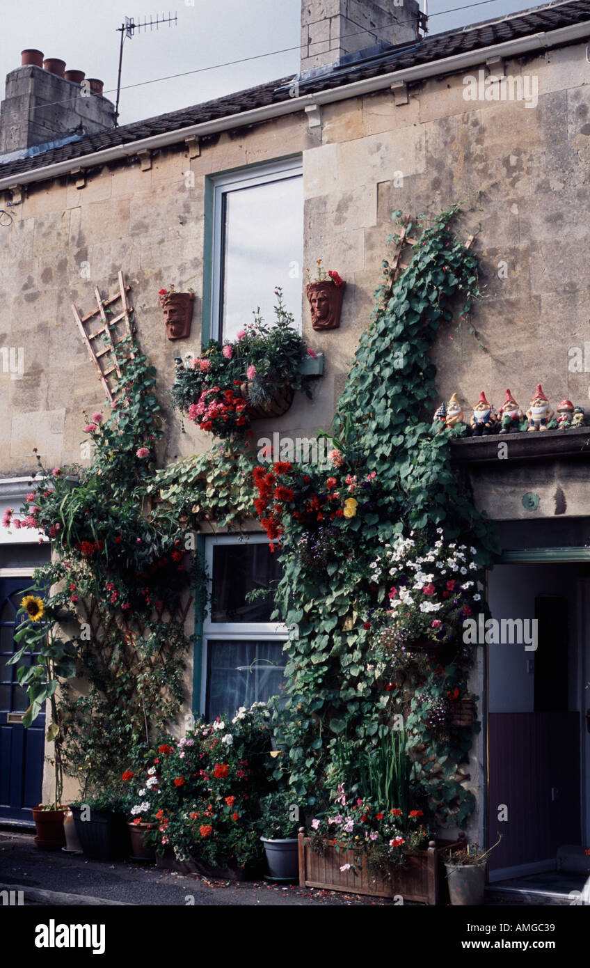 Reihenhaus mit Blumenkästen, Topfpflanzen und Kletterpflanzen Oldfield Park Bath Spa, Somerset, England UK Stockfoto