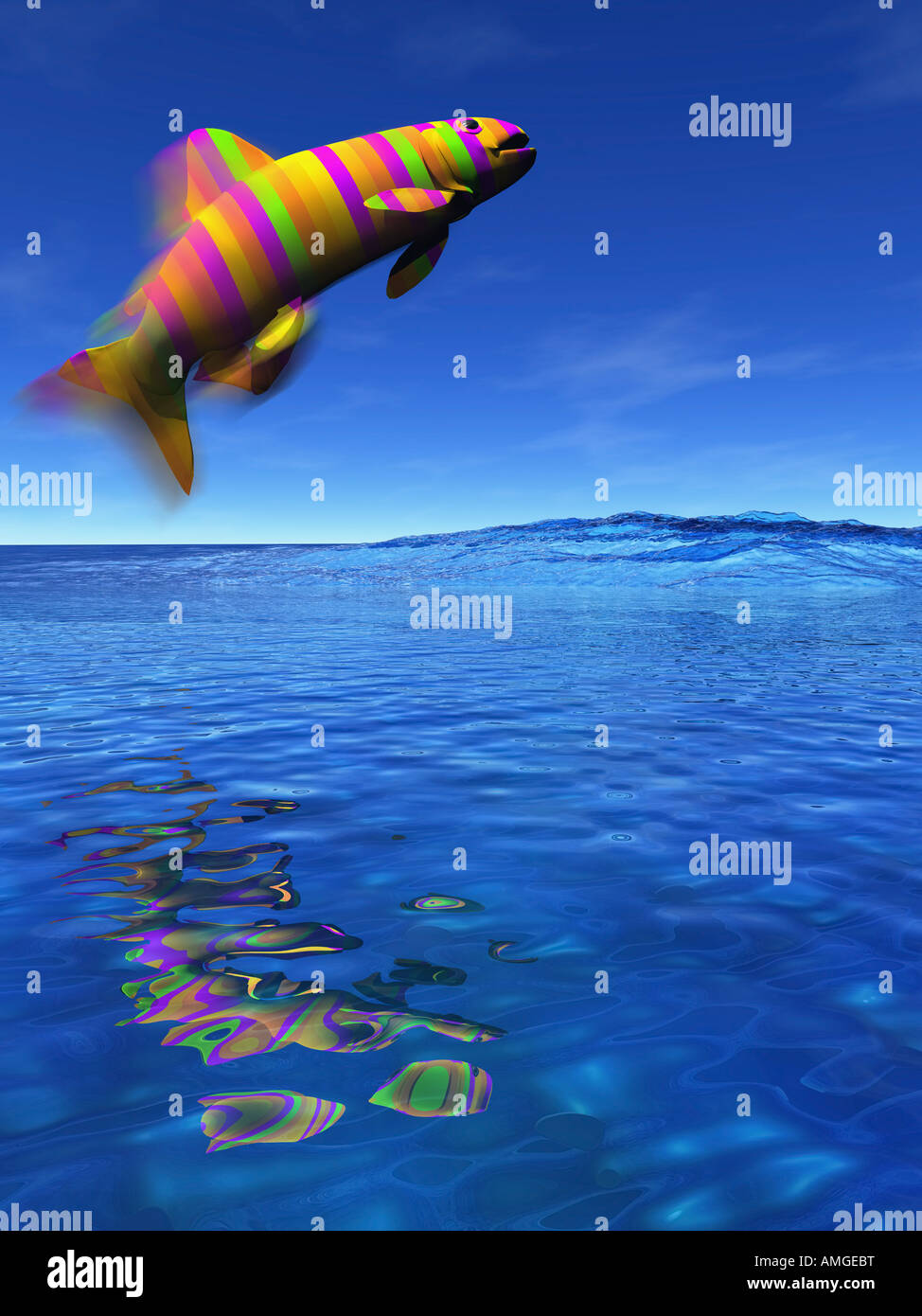 Darstellung eines springenden psychedelischen Fisches über blaue Meer Stockfoto