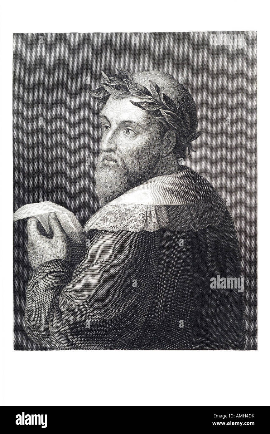 LUDOVICO ARIOSTO italienischer Schriftsteller Epos Orlando Furioso MORGHEN, 1474, 1533 RAFFAELLE Lorbeeren Lesung Spitze Porträt 15. 16. Stockfoto