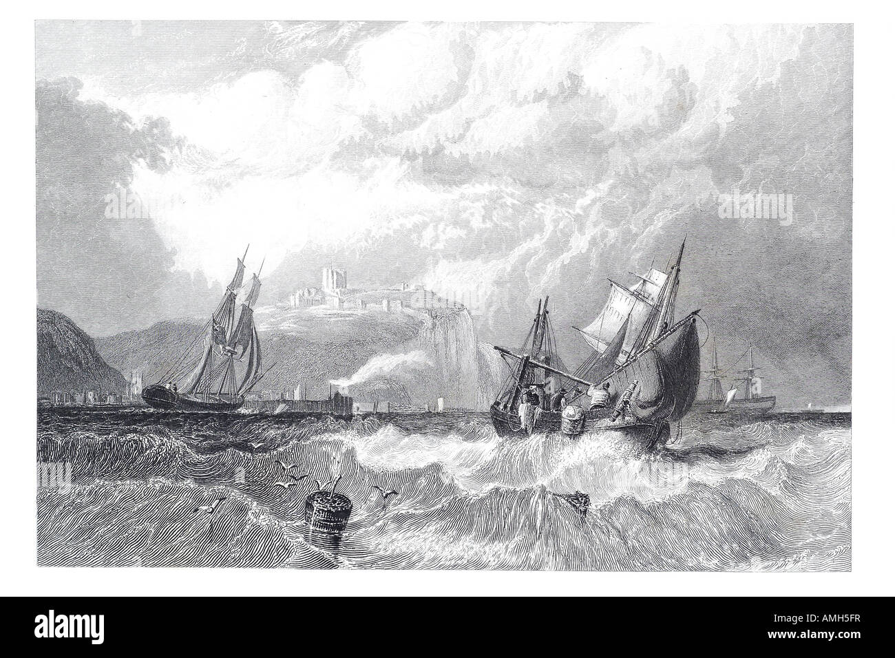 Dover Kent 1860 Schiff rauhes Wetter Kanal Hafen Dover Wasserwelle Segeln Burg Transport Boot Meer Küste Boje Wetter Sturm Englis Stockfoto