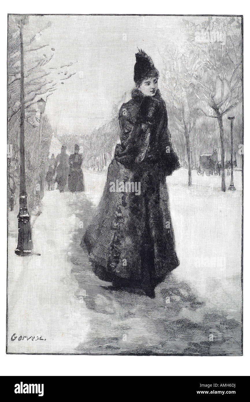 Champs Elysées Frau Lady Pelz Mantel Hut Handschuhe Winter Schnee kaltes Eis Eis rutschen zu Fuß allein Spaziergang Pferdekutsche Paris Paris Fran Stockfoto