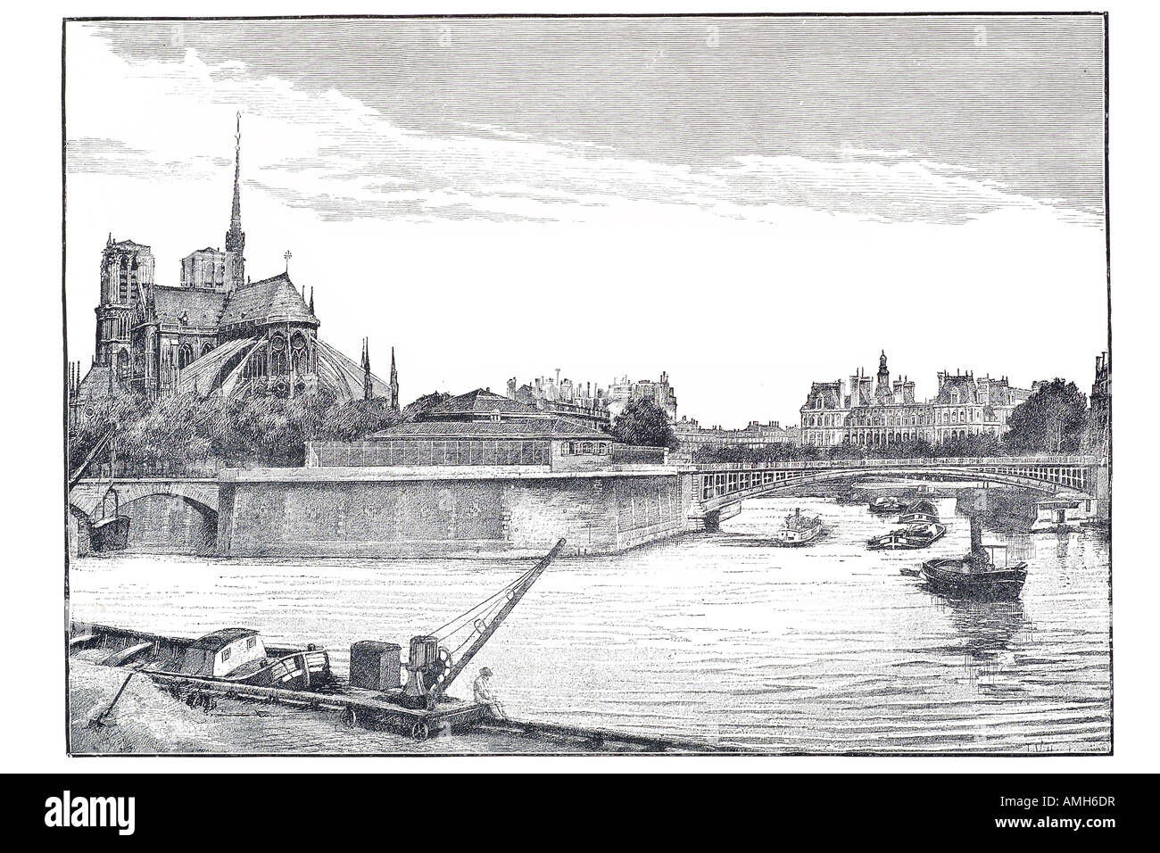 Ostende Ile De La Cité Leichenhalle Pont St Louis Saint Fluss Seine Kathedrale von Notre Dame Paris Paris Frankreich Französisch Französisch Boot Schlepper Stockfoto