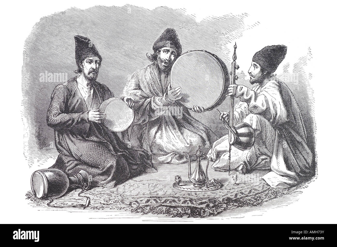 1880 Persien Iran iranische persische Bussorah Trommel String Instrument Musiker-Truppe Band Entertainer singen singen Middle East Asia ca Stockfoto