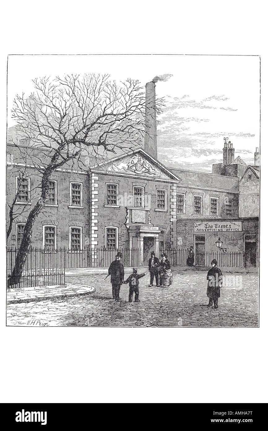 1870-Druckerei Quadrat Mal Büro Presse Werke Zeitungsverlag veröffentlichen Hauptstadt London England Englisch Großbritannien B Stockfoto