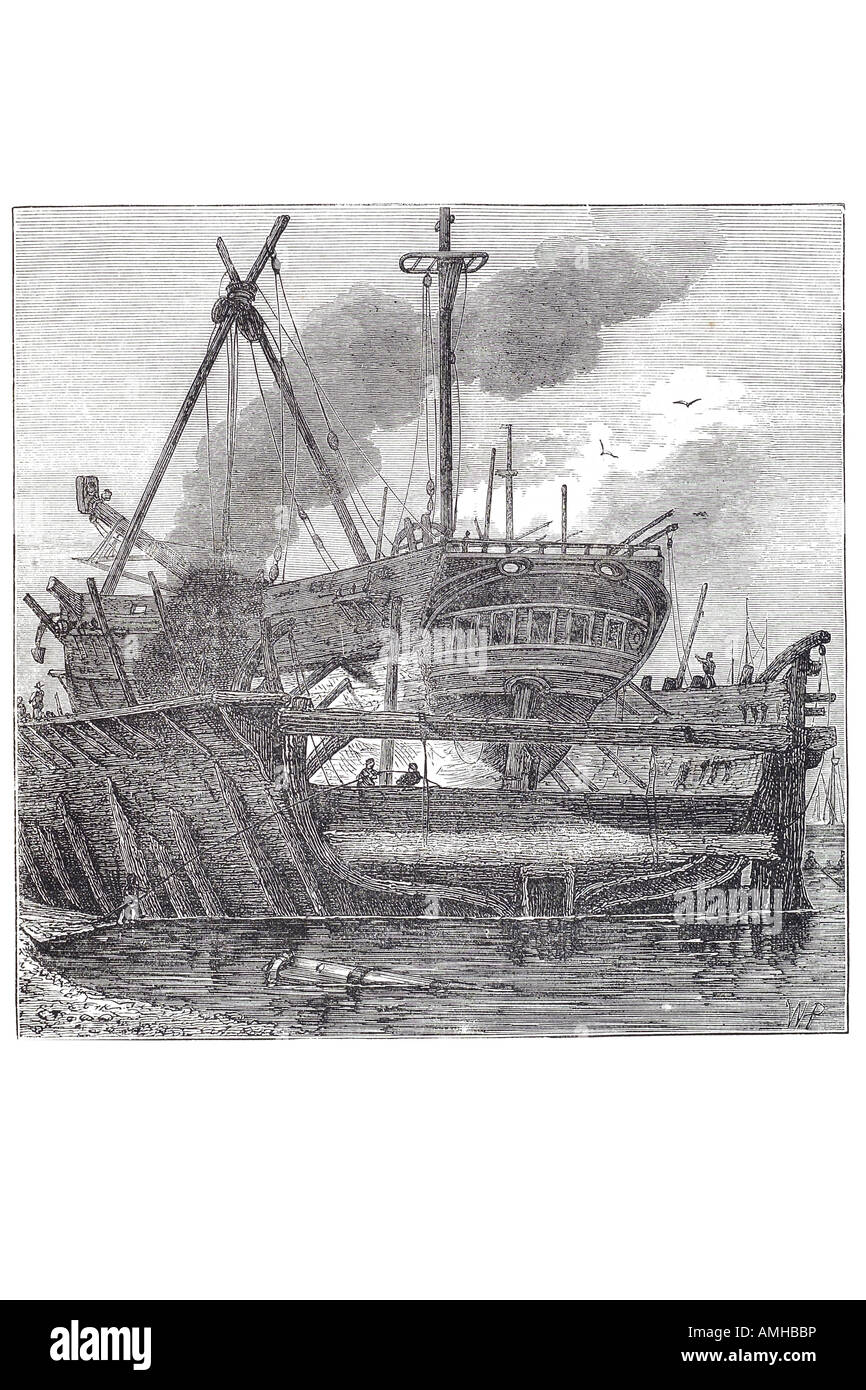 1820 Schwimmdock Deptford Schiffbau Galeone königliche Marine Holz Mast Segel Segeln Bau marine Marine London mehr c Stockfoto