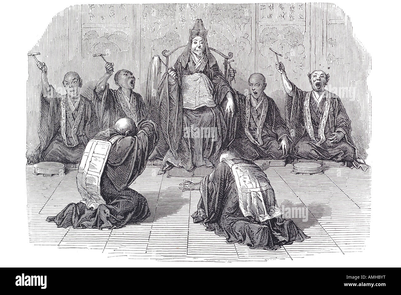 1890 buddhistischen Hohepriester verehrt untergeordneter betender buddhistischen Mönch weiter Ostasien Tracht rasierten Kopf Gewand Chines Stockfoto