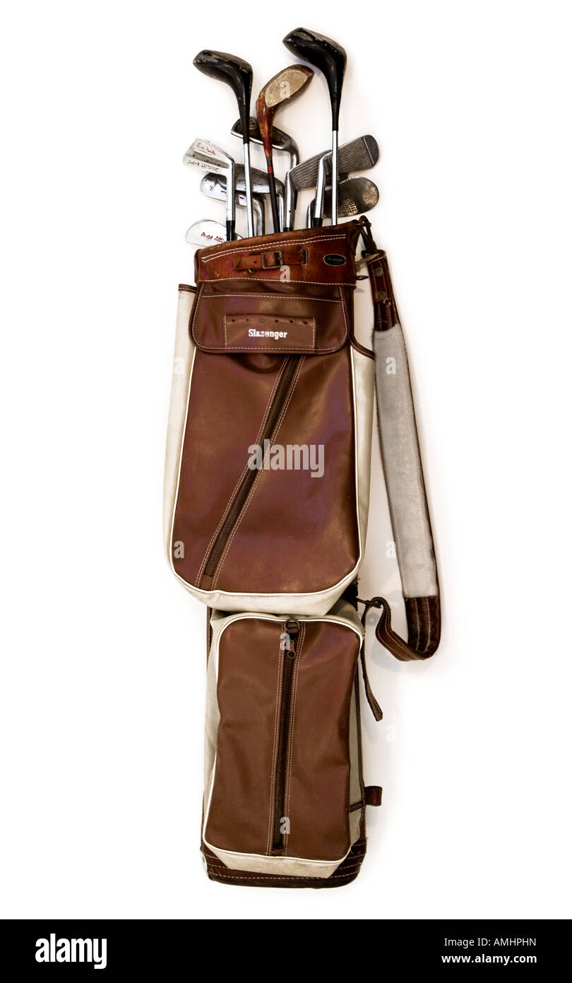 Vintage Retro-Golf-Bag mit alten altmodischen ausgetretenen Golfschläger Stockfoto