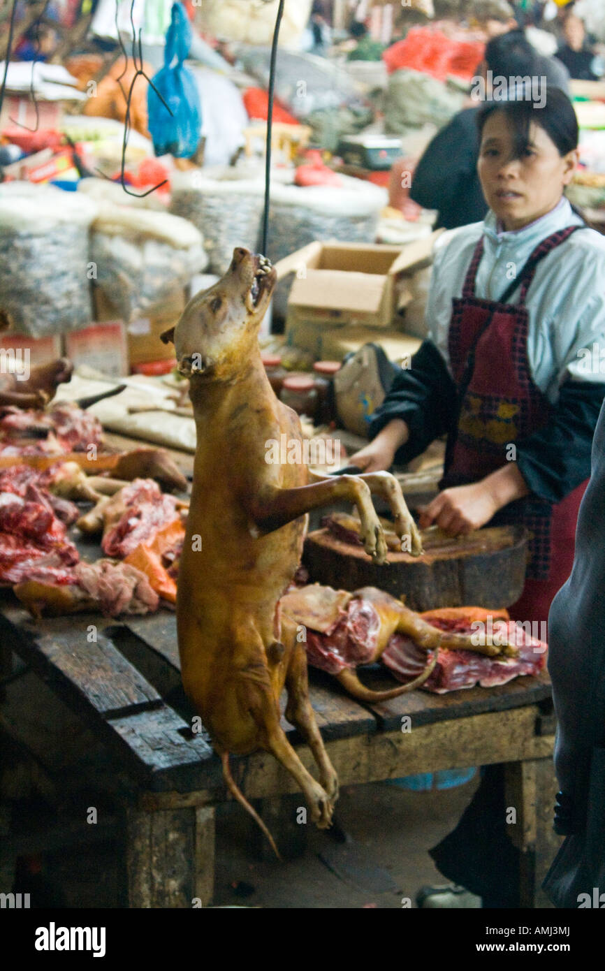 Frau, die einen Hund für Fleisch in einem lokalen Markt Yangshuo China