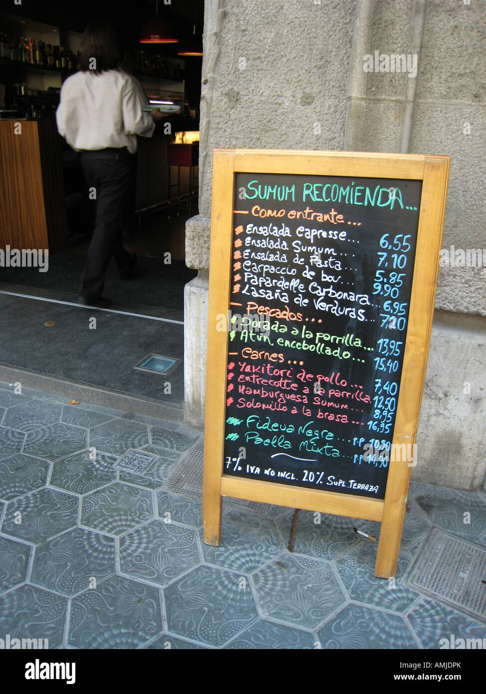 Menü Zeichen außerhalb Restaurant Barcelona Spanien Stockfoto