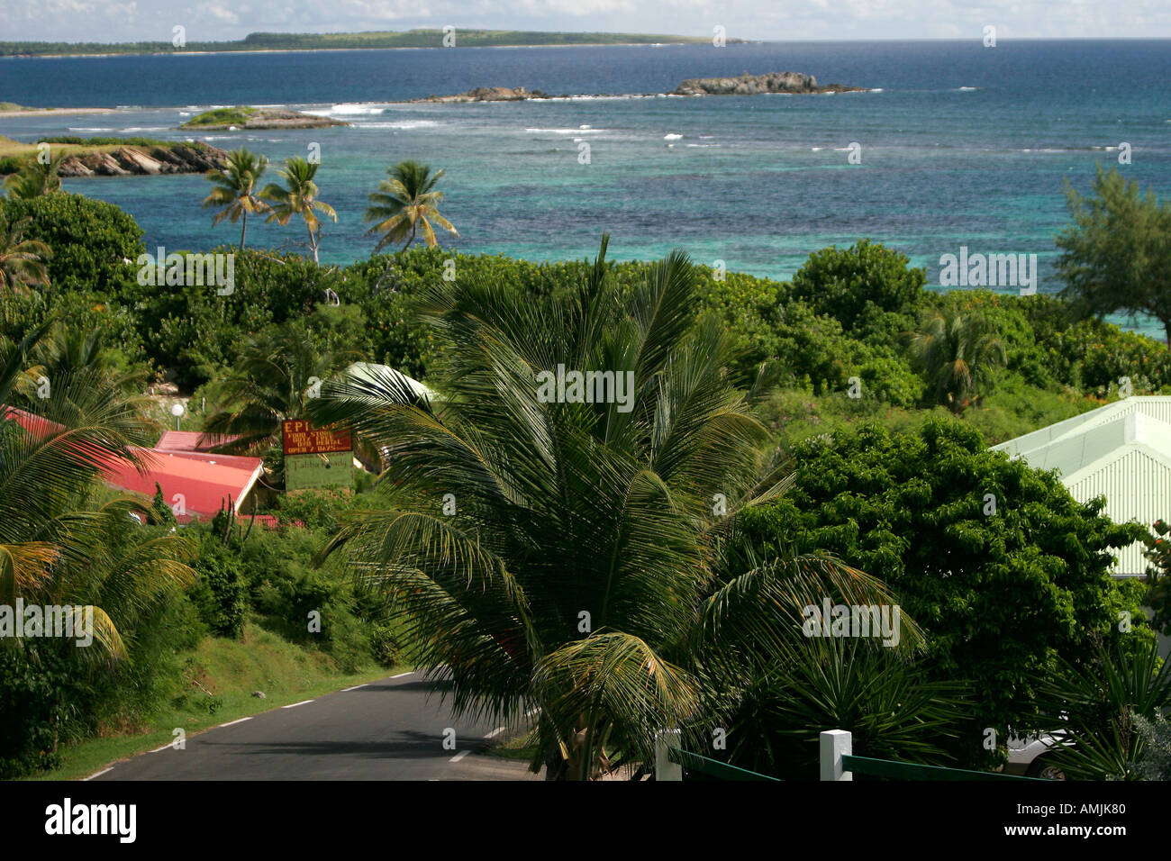 Schmale Straße windet sich durch Dorf und Palmen Insel St. Martin Stockfoto