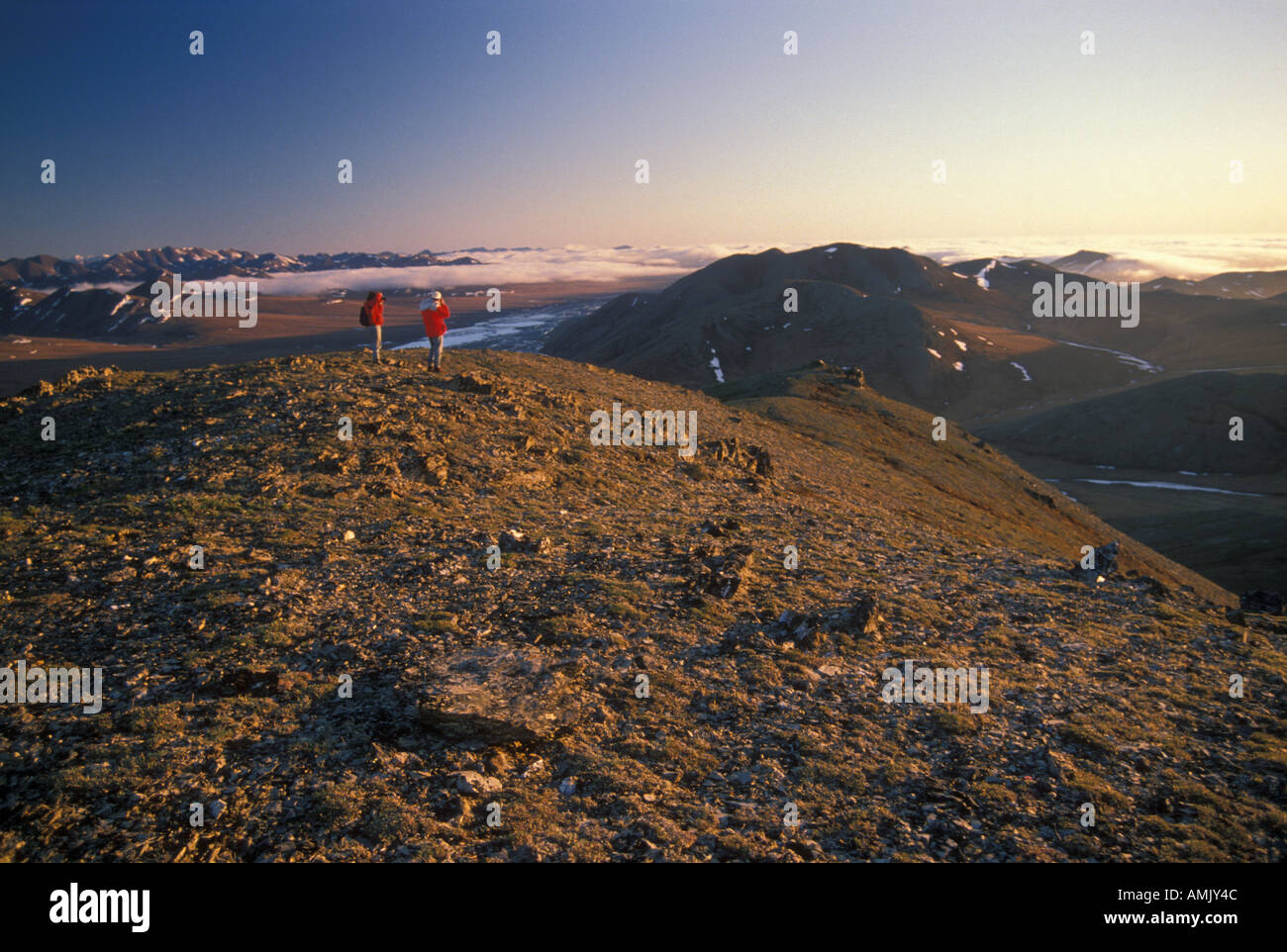 Wanderer auf Berg oberhalb Kongakut Flusses Brooks Range Arktis Ntl Wildl Zuflucht Alaska Mitternachtssonne Stockfoto