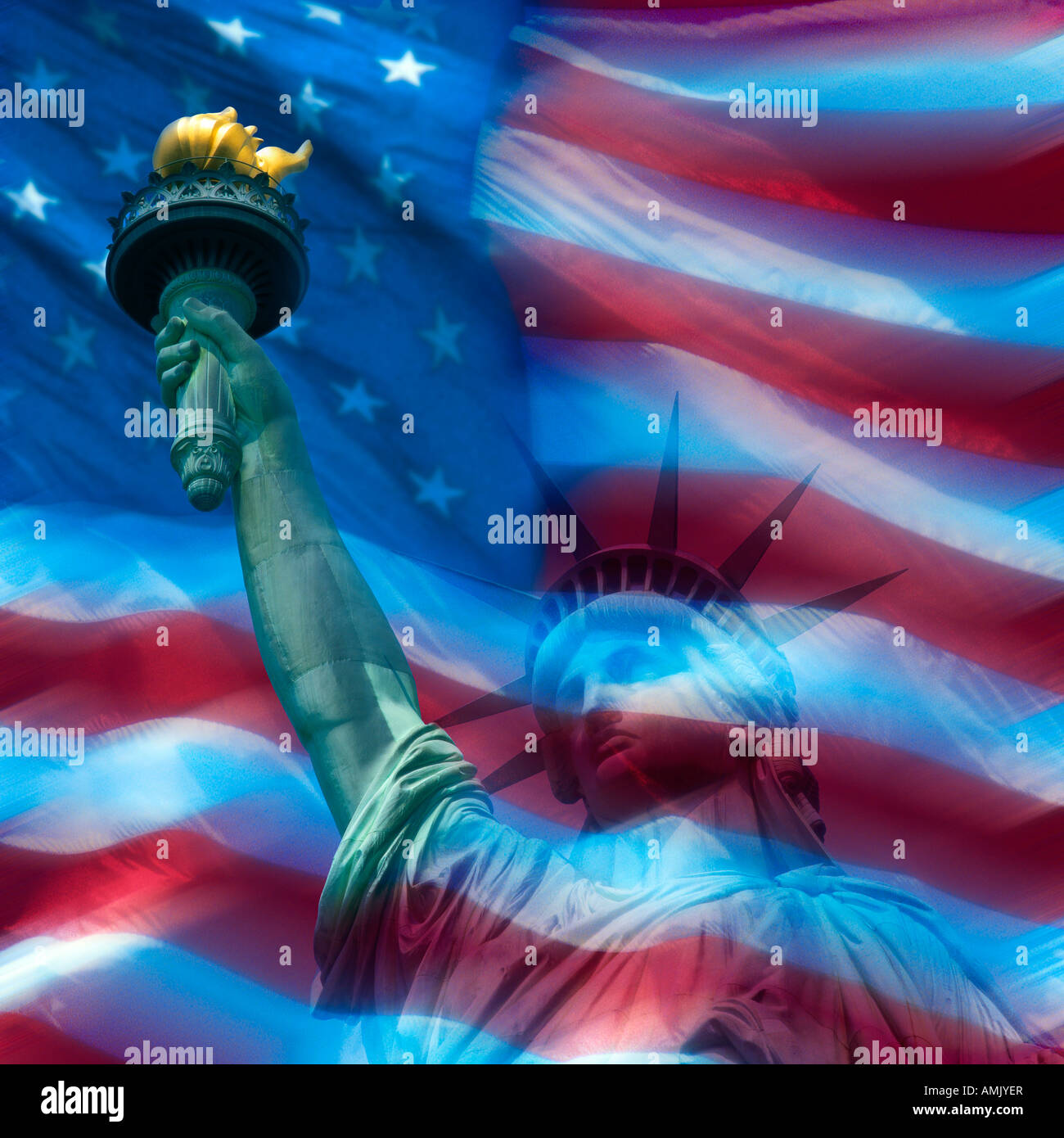 Amerikanische Flagge und Freiheitsstatue Stockfoto