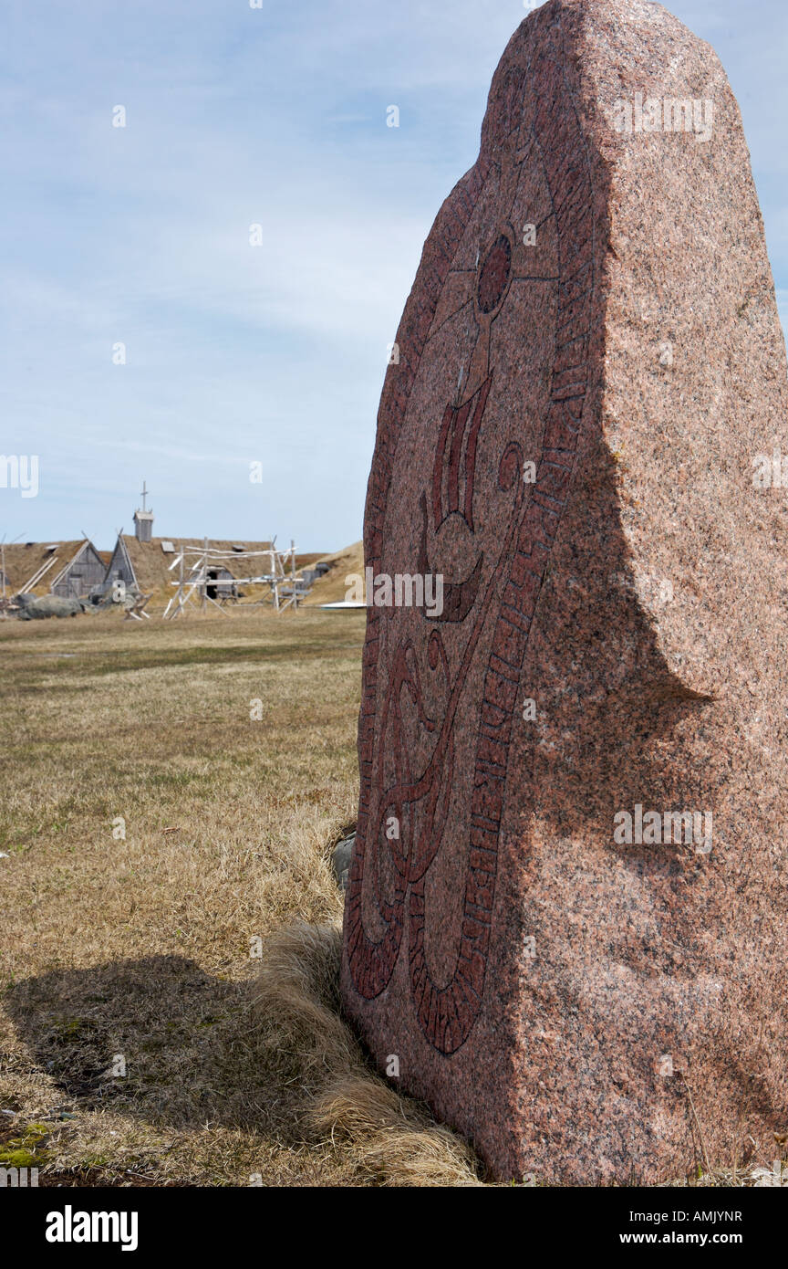 Gravierte Steinplatte an der Great Northern Peninsula Norstead Viking Website, Viking Seehandel, Newfoundland, Kanada. Stockfoto