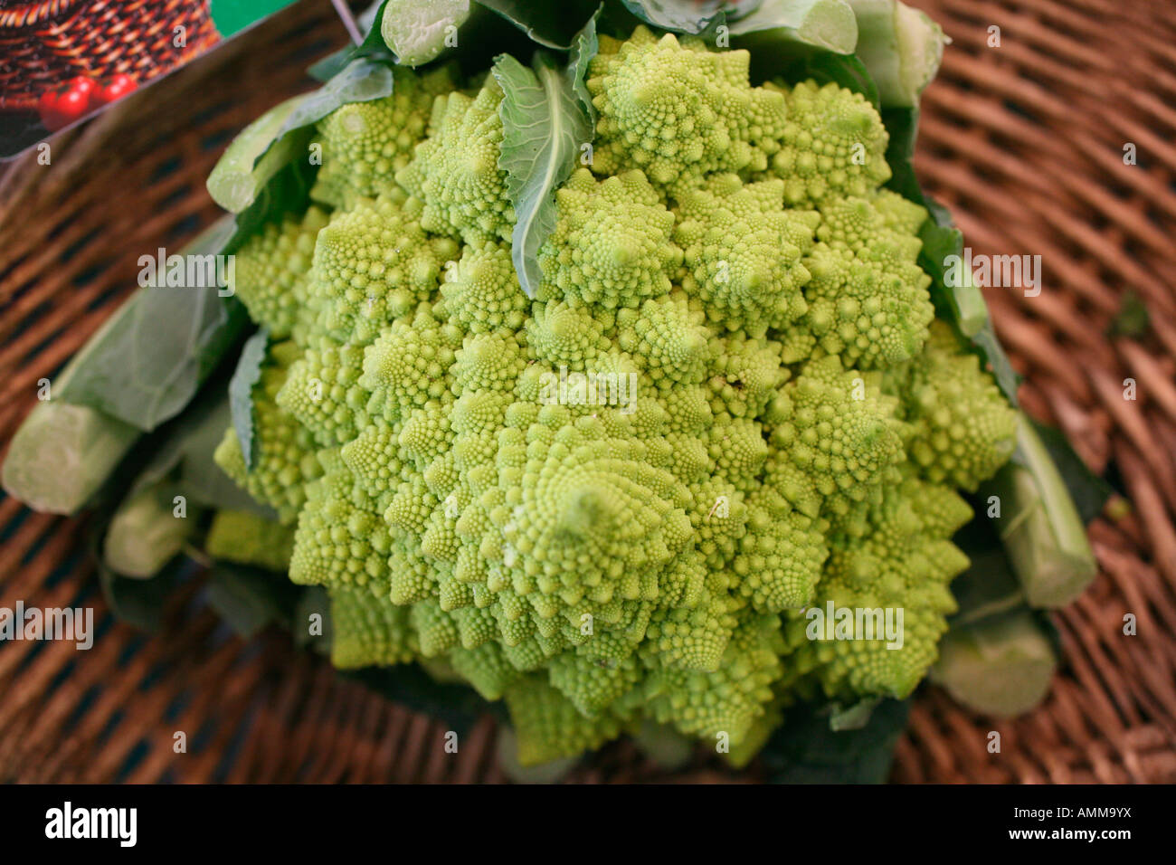 Romanesco Brokkoli zum Verkauf an Bauernmarkt am Boulevard Richard Lenoir in Bastille, Paris Stockfoto