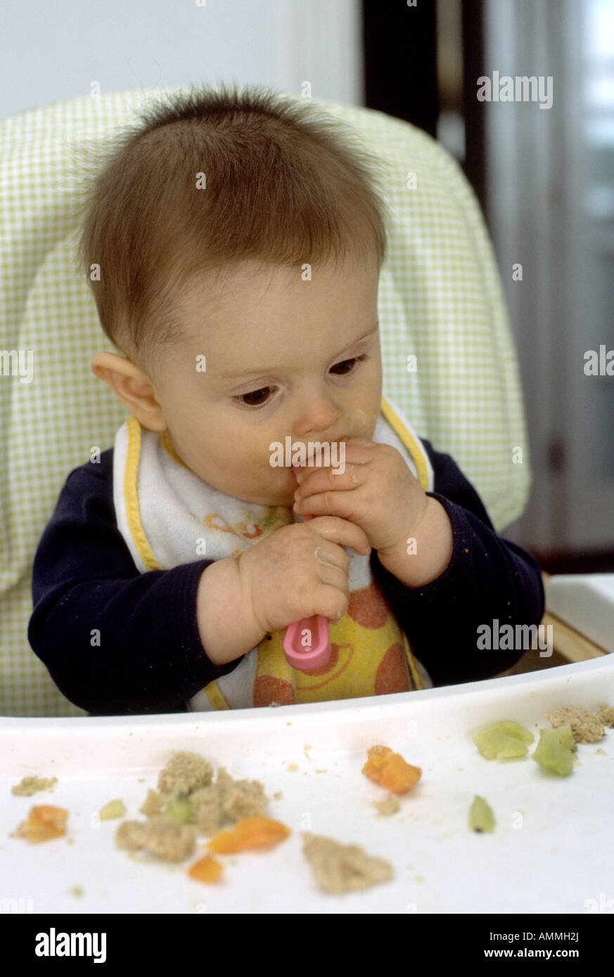 sieben Monate altes Baby Boy selbst mit Löffel füttern Stockfoto