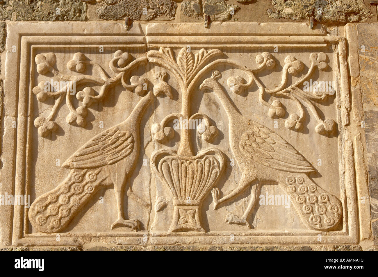 Venedig Italien. Detaillierte Schnitzerei von 2 Pfauen an der Fassade der Basilika von Saint-Marken. Stockfoto