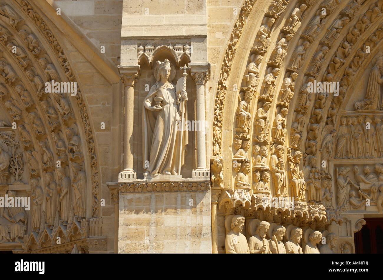 Gotische Architektur der Fassade der Kathedrale Notre Dame, Paris Stockfoto
