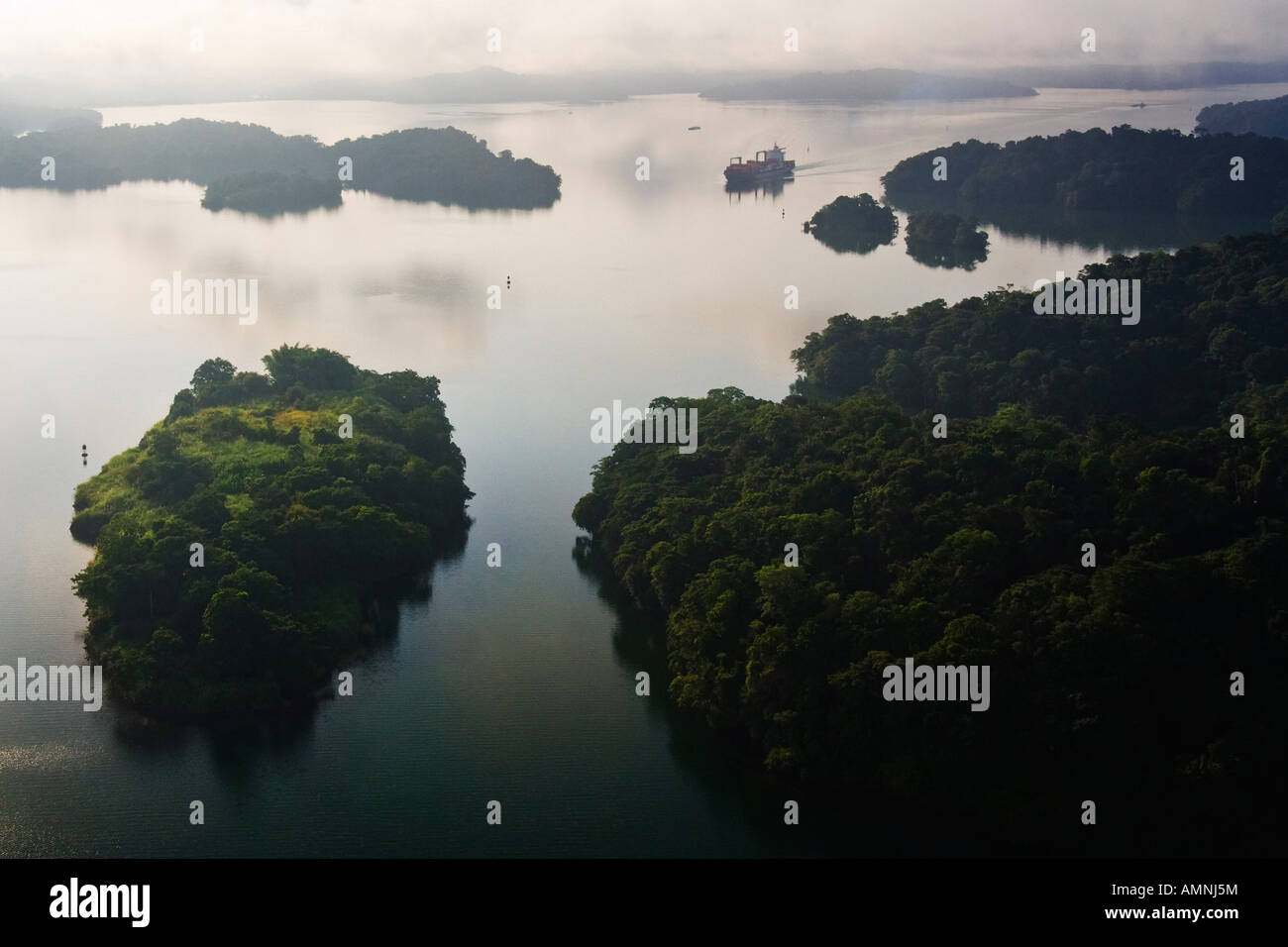 Containerschiff am Lago Gatun, Panamakanal, Panama Stockfoto