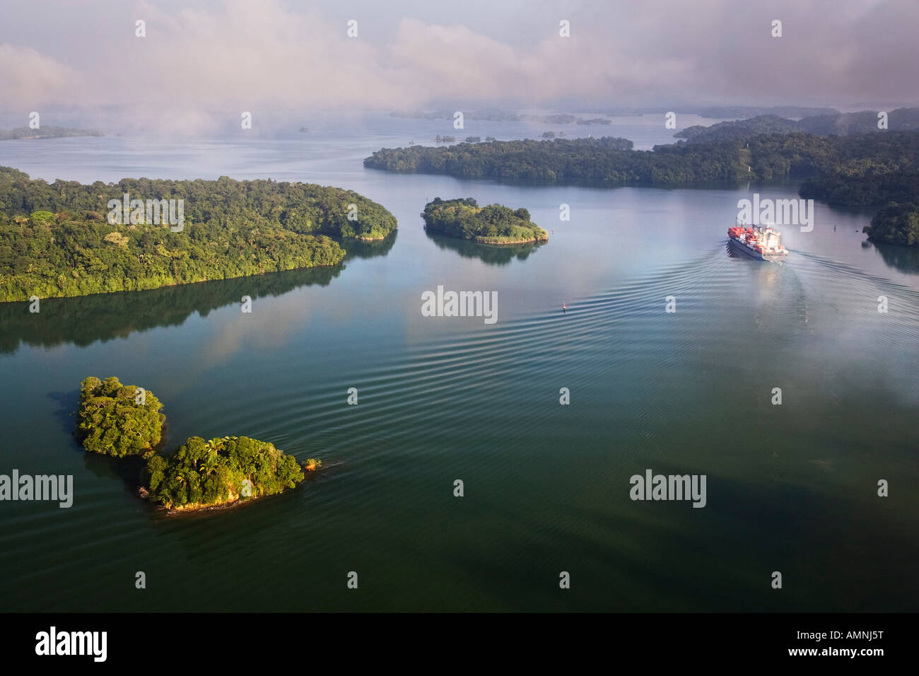 Containerschiff am Lago Gatun, Panamakanal, Panama Stockfoto
