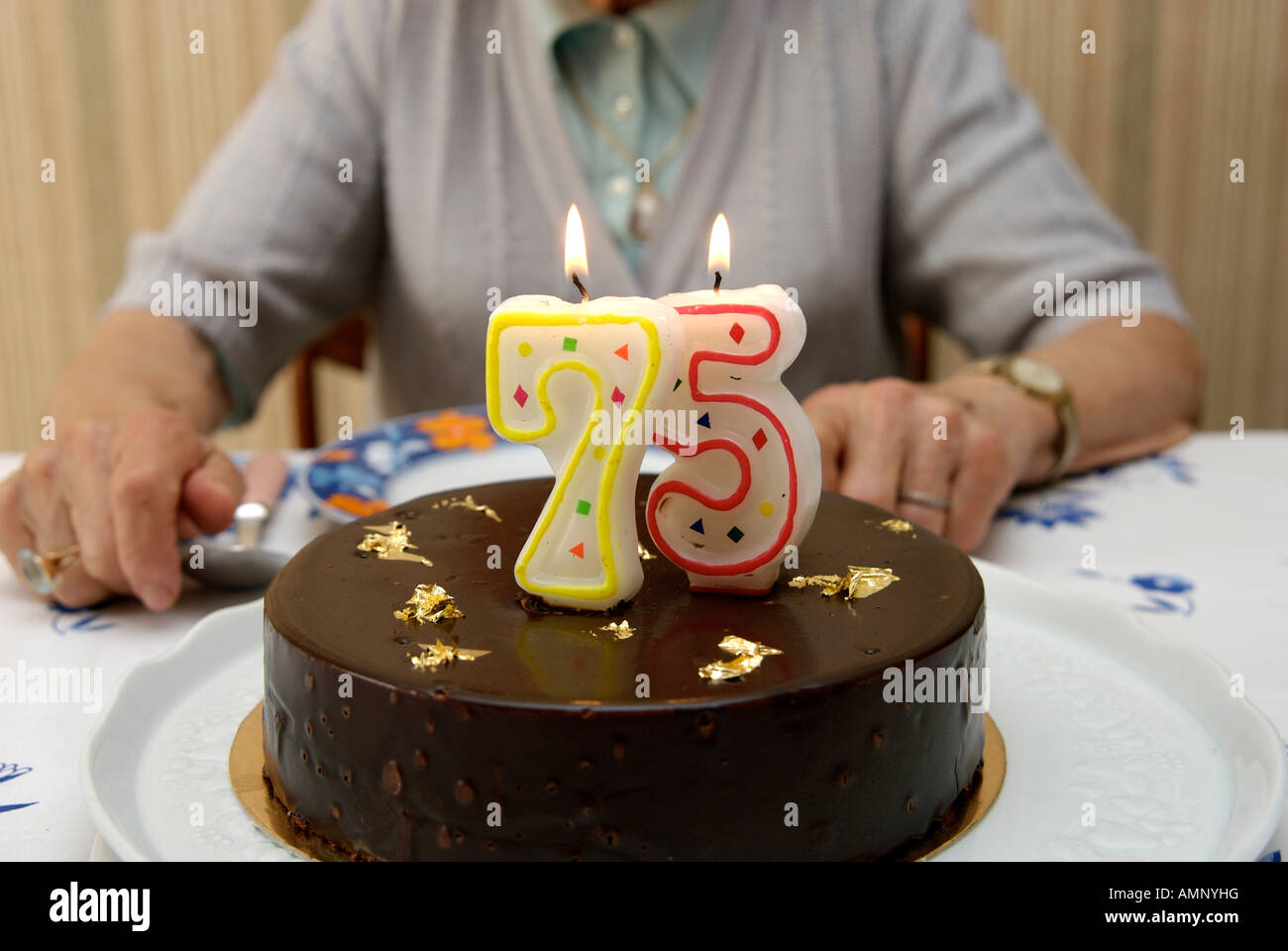 Ältere Dame mit ihrem Geburtstag Kuchen auf Ihrem 75. Geburtstag Stockfoto