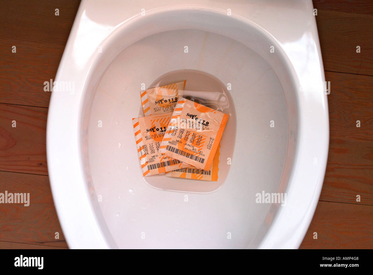 "California ^ Superlotto ^ Lotterie ^ Ticket in die Toilette" Stockfoto