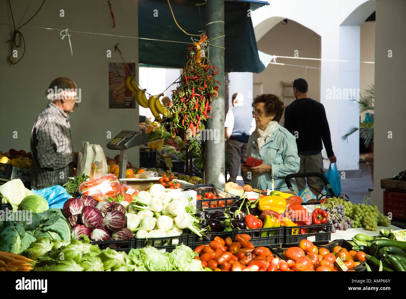 dh ALGHERO Sardinien Alghero alte Stadt zentrale Obst und Gemüse Marktstand Stockfoto