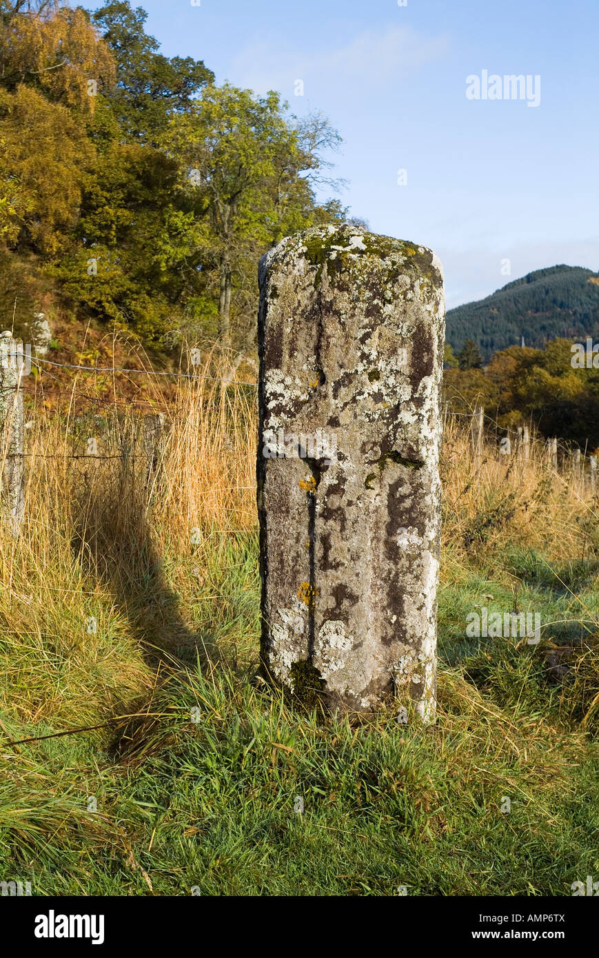 dh Priester Stein LOCH FASKALLY PERTHSHIRE SCHOTTLAND Keltische Kreuzplatte picts Hochland pictish Monolith stehende Steine pict Stockfoto