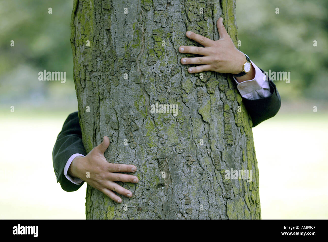 Mann im Anzug schmiegt sich an einen Baum Stockfoto