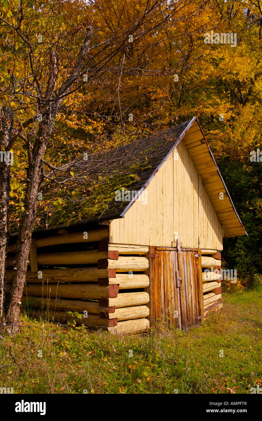 Alte Hütte am Chemin De La Vallée umgeben von Herbstfarben im Parc de la Jacques-Cartier, Quebec, Kanada. Stockfoto