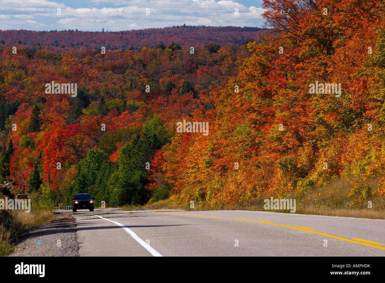 Farben des Herbstes entlang Highway 60 durch Algonquin Provincial Park, Ontario, Kanada. Stockfoto
