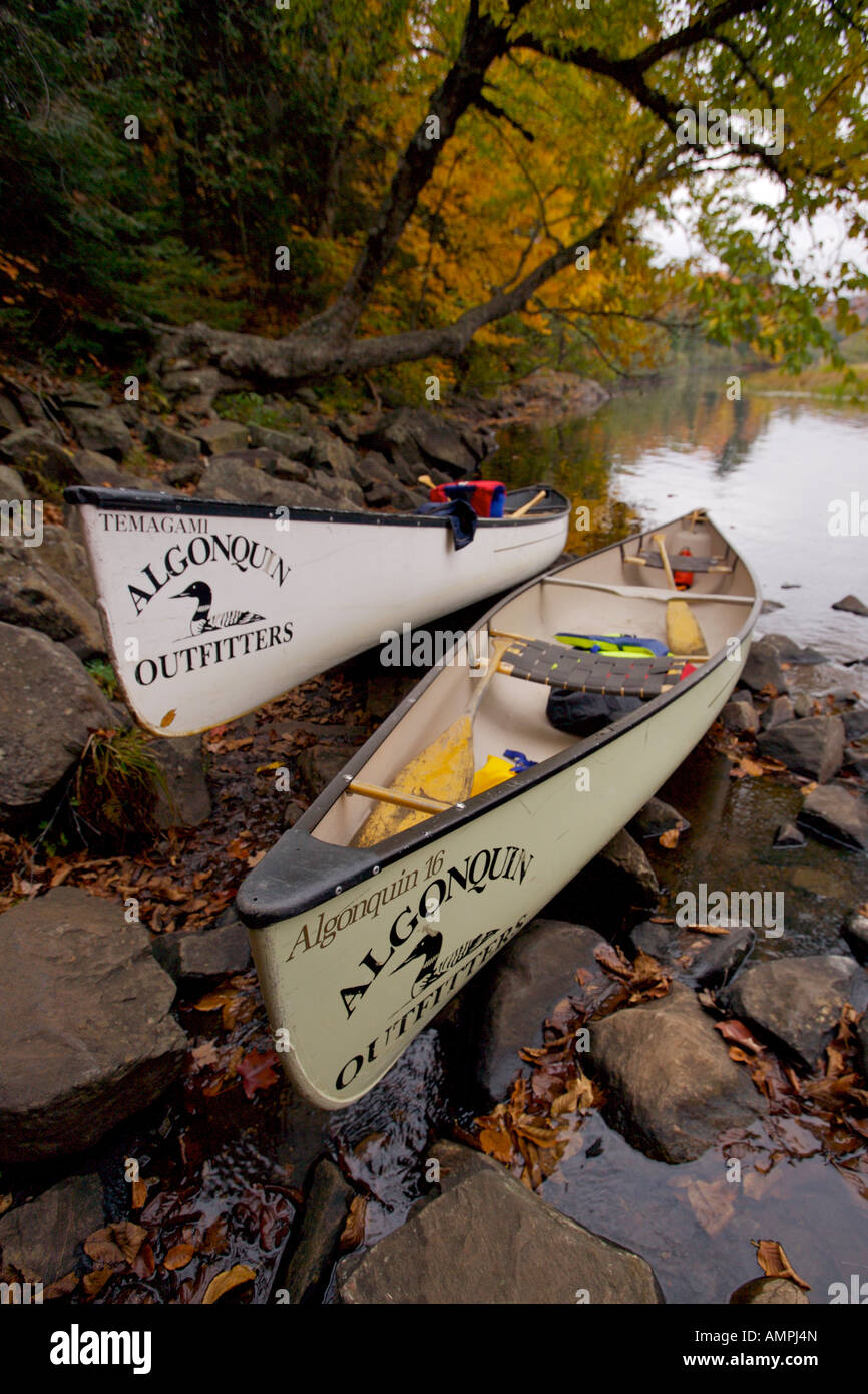 Zwei Kanus am Ufer des Flusses Habichtsbitterkraut in den Oxtongue River-Ragged Falls Provincial Park, Ontario, Kanada. Stockfoto