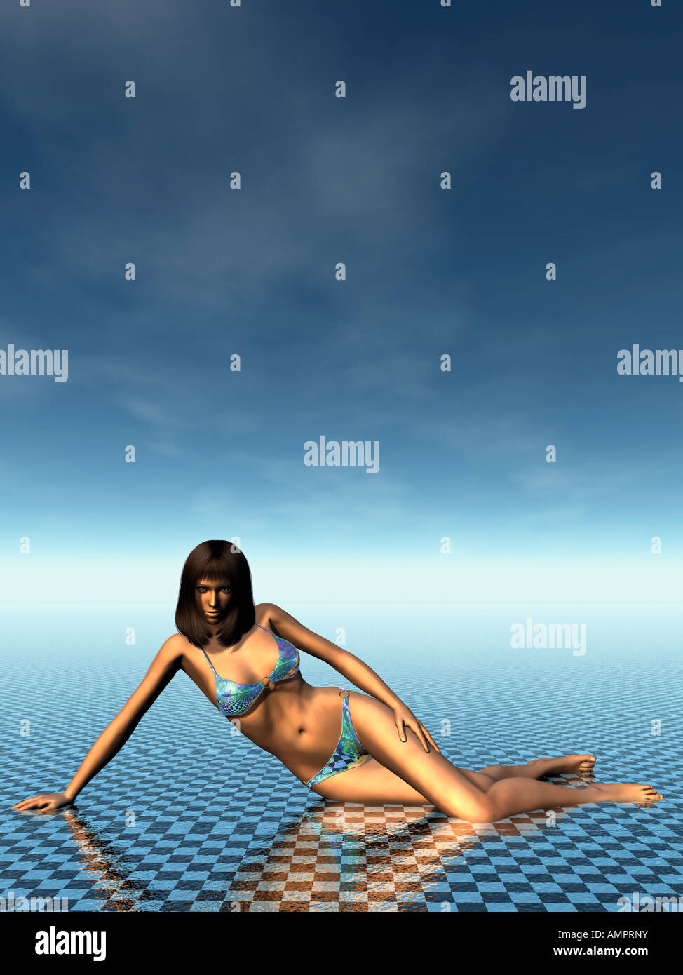 Modell sitzen auf geprüfte Boden trägt bikini Stockfoto
