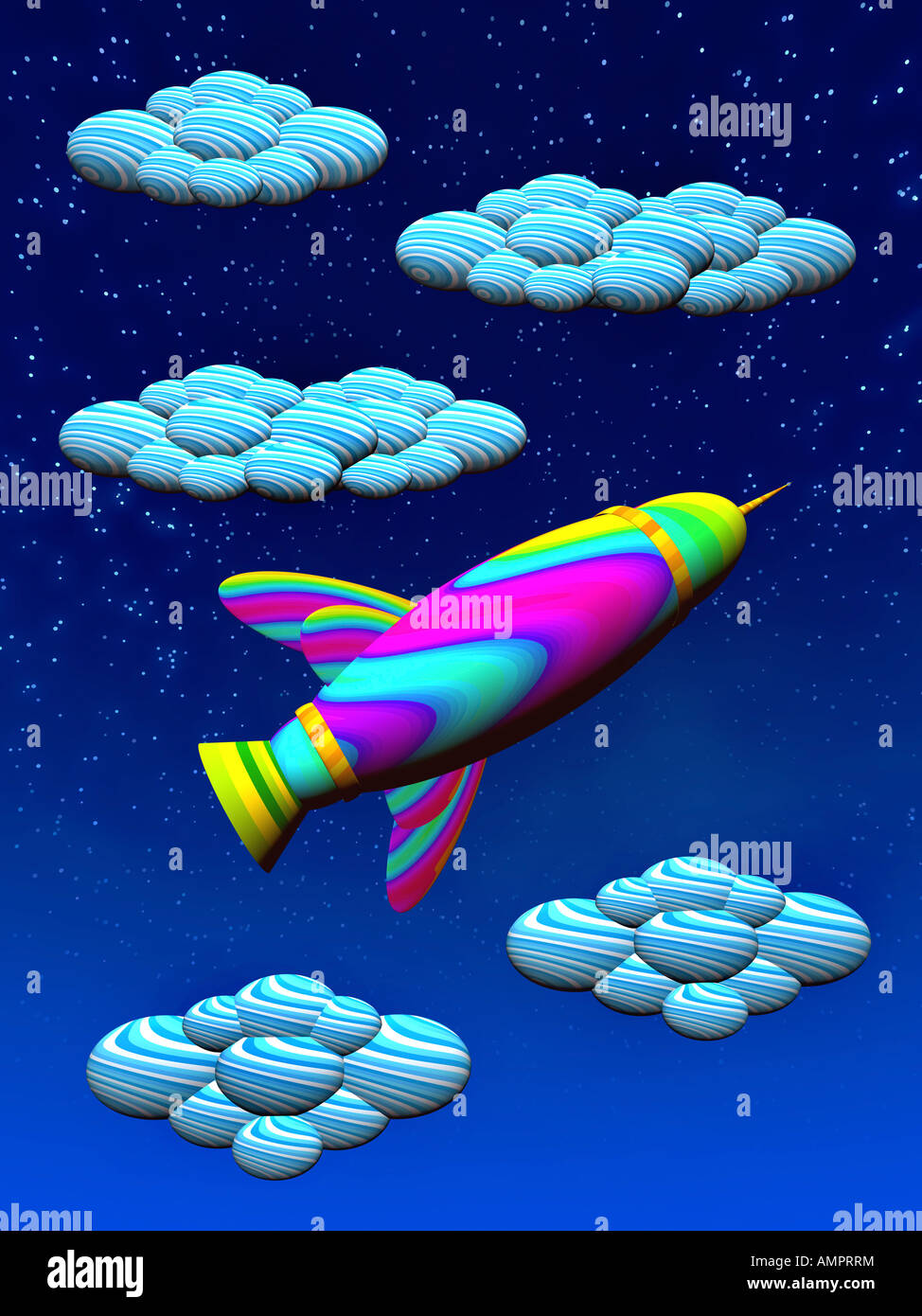 Darstellung einer psychedelischen Rakete in den Himmel Stockfoto