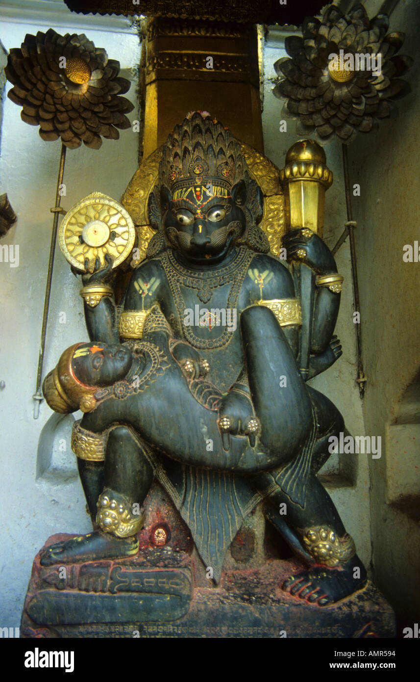 Kathmandu Taleju Temple Stein Statue von Hanuman und Siva Nepal Stockfoto